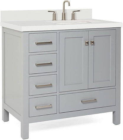 ARIEL Cambridge 36-inch Bathroom Vanity with Sink,Solid Wood, 1.5-inch Pure White Quartz Countertop & Backsplash, Single Rectangular Porcelain Sink, 2 Soft Closing Doors, 5 Dovetail Drawers, Grey