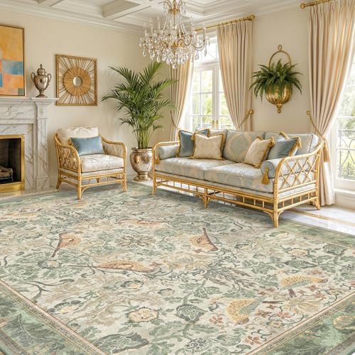 Boho Dining Room Rugs for Under Table 9x12 - Plant & Bird Patterned Rugs for Living Room, Bedroom Under Bed, Traditional Victorian Sage Green Décor, Washable Non Slip Folable Lightweight Carpet