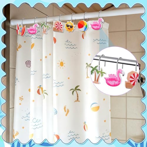 Thyle 12 Pcs Summer Shower Curtain Hooks, Summer Party Resin Ornament Rings Beach Theme Shower Curtain Hooks for Bathroom Bedroom Accessories