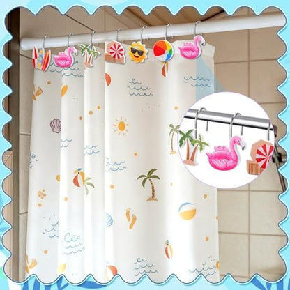 Thyle 12 Pcs Summer Shower Curtain Hooks, Summer Party Resin Ornament Rings Beach Theme Shower Curtain Hooks for Bathroom Bedroom Accessories