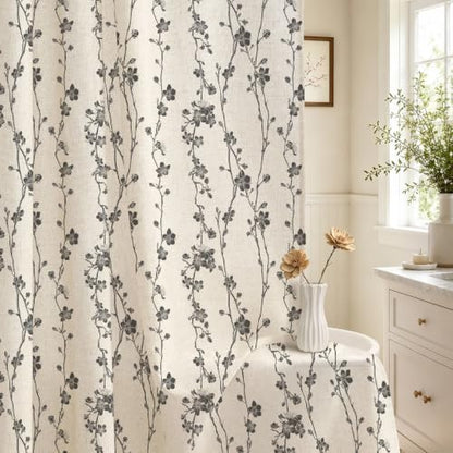Dark Grey Farmhouse Linen Shower Curtain, Boho Floral Fabric, 72 x 78