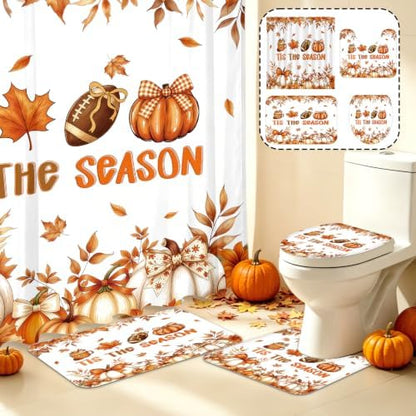 MEHOFOND Fall Shower Curtain Set 4-Piece Thanksgiving Decor Bathroom Set