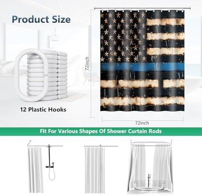 Thin Blue Line American Pride Flag Shower Curtain with Hooks 72 x 72 Inches