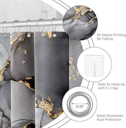 NBVKO 4 Pcs Black Marble Shower Curtain Sets with Rugs Gold Bathroom Sets with Shower Curtain and Rugs Modern Abstract Bathroom Decor Accessories Shower Curtains for Bathroom Toilet Lid Cover
