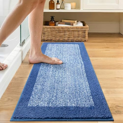48x17 Long Bathroom Rugs Non Slip Washable, Soft Absorbent Bath Mat Blue