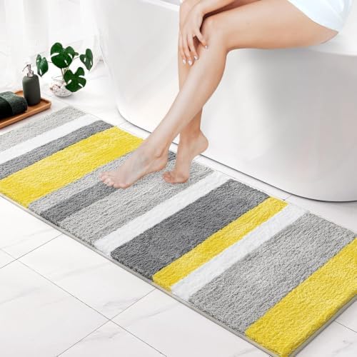 MIULEE Yellow Grey Runner Bathroom Rug 24x60 Inch, Long Soft Thick Microfiber Striped Bath Mat, Non Slip Fluffy Plush Machine Washable Quick Dry for Bathroom Decor, Floor Tub and Shower