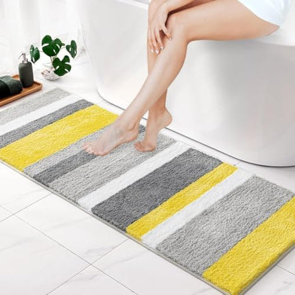 MIULEE Yellow Grey Runner Bathroom Rug 24x60 Inch, Long Soft Thick Microfiber Striped Bath Mat, Non Slip Fluffy Plush Machine Washable Quick Dry for Bathroom Decor, Floor Tub and Shower