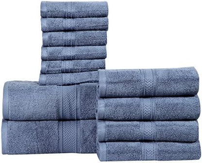 HILLFAIR Premium 100% Combed Cotton 12 Piece Bath Towels Set - Wedgewood Blue