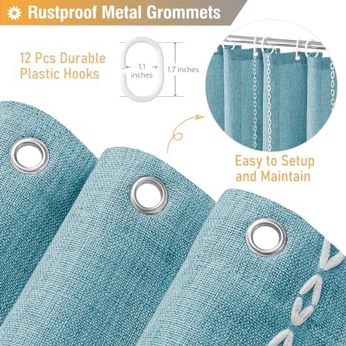 BTTN Teal Boho Farmhouse Linen Heavy Duty Cloth Shower Curtain Set, 72x72