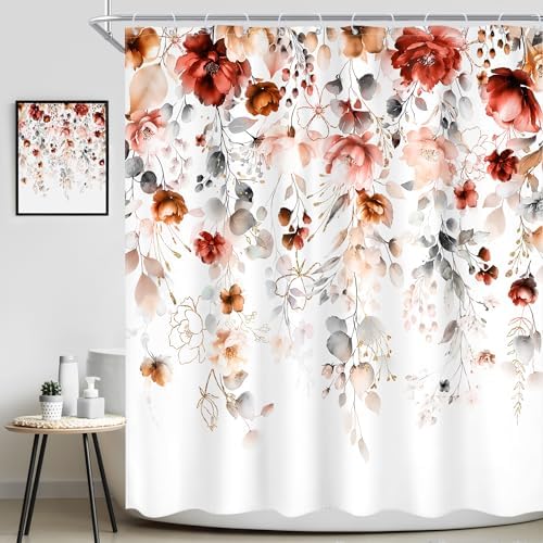 Autumn Fall Floral Red Burgundy Brown Bathroom Shower Curtain Set