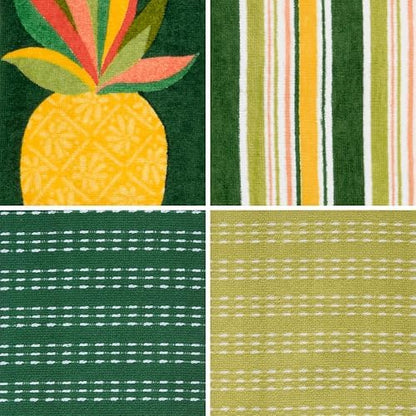 Ritz 4-Piece Kitchen Towel Set, Pineapple Hibiscus & Multi-Stripe Prints with Dark Pine & Lime Green Textured Terry, 100% Cotton & Absorbent Blend, 16" x 26", Tropical Island Kitchen Decor