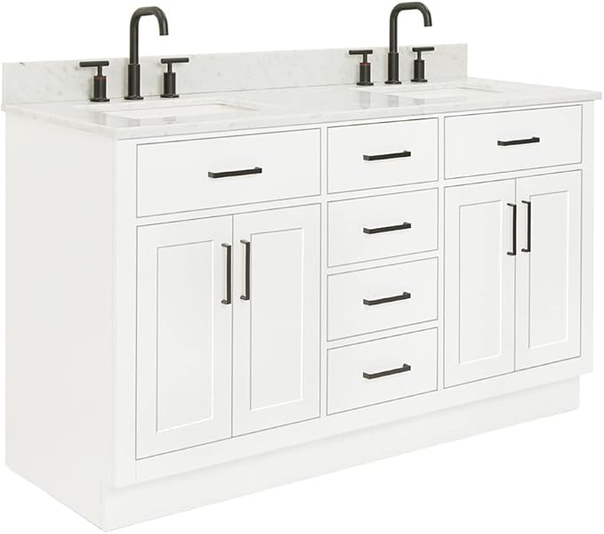 ARIEL Hepburn 60-inch Bathroom Vanity with Sink,Solid Wood, 0.75-inch Italian Carrara Marble Countertop, Double Rectangular Porcelain Sink, 4 Soft Closing Doors, 6 Dovetail Drawers, White