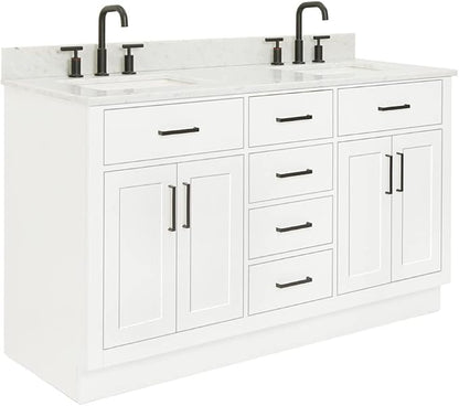 ARIEL Hepburn 60-inch Bathroom Vanity with Sink,Solid Wood, 0.75-inch Italian Carrara Marble Countertop, Double Rectangular Porcelain Sink, 4 Soft Closing Doors, 6 Dovetail Drawers, White