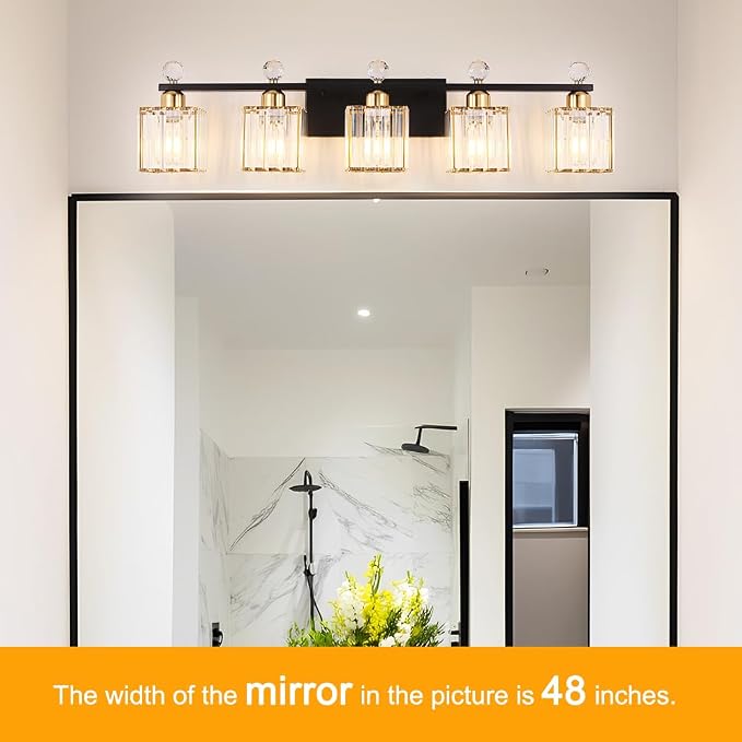 Lxybcce Bathroom Vanity Lights Over Mirror - Easy Installation with Clear Guide, 5-Light Shadow-Free Design, Black and Gold Crystal Finish - for Modern Home Bathroom Lighting Fixtures in DIY Projects