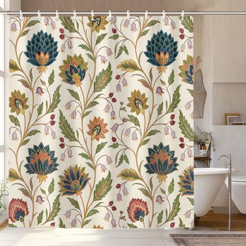 Vintage Floral Shower Curtain for Bathroom, Rustic Farmhouse Beige and Teal Sage Green Boho Botanical Shower Curtains, Retro Cottagecore Wildflower Aesthetic Bath Curtain Set with Hooks， 60 x 72 Inch