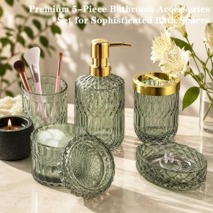 Green Bathroom Accessories Set, 5Pcs Clear Glass Green Accessories with Lotion Soap Dispenser, Soap Dish, Toothbrush Holder, Tumbler, Cotton Swab Jar, Modern Bathroom Decor Crystal Vintage Gift