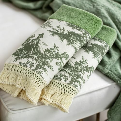 2 Pack Sage Green Hand Towels with Tassels for Bathroom Kitchen Decor, 13x32Inch 100% Cotton Ultra Soft Highly Absorbent,Farmhouse Vintage Towels for French Country Decor