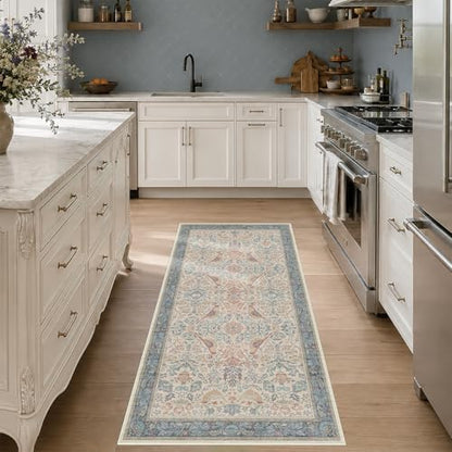 Vintage Boho 2x4 Area Rug for Entryway - Washable Blush Red Slate Blue Kitchen Rug for the Floor, Low Pile Non-Slip Rugs for Bathroom, Floral Bird Pattern Decor & Stain Resistance