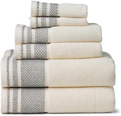 Texere 100% Organic Cotton Rice Weave Jacquard 700 GSM Luxury Bath Towel Set - 2 Large Bath Towels, 2 Hand Towels, 2 Washcloths (Rice Weave, Cream w/Blk, 6 Piece)