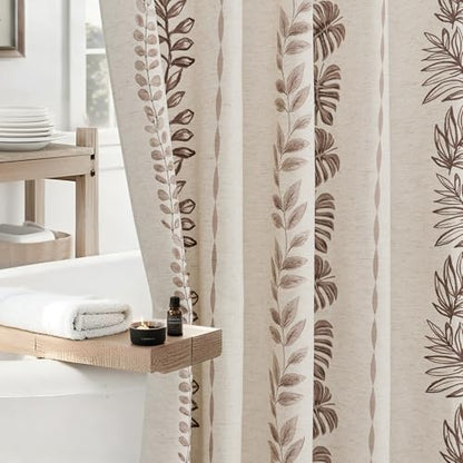 ORTIGIA Linen Brown Leaf Shower Curtain with Metal Hooks,Botanical Boho Waterproof Natural Linen Bath Curtain for Rustic Farmhouse Bathroom Decor 72x72 Inch