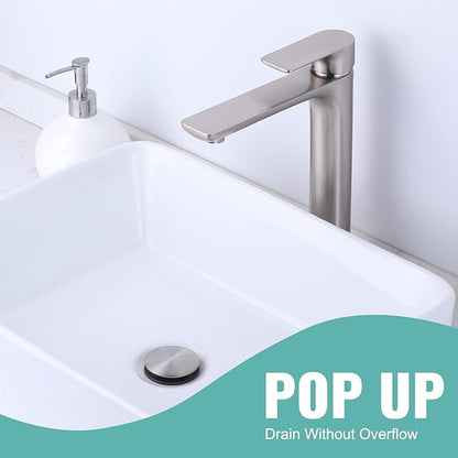 Bathroom Sink Drain Without Overflow, ARCORA Brushed Nickel Pop Up Drain for Vessel Sink Clicker Drain Stopper