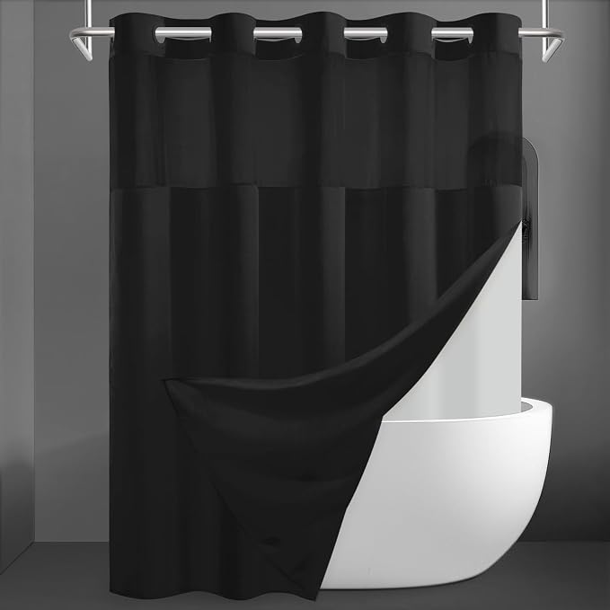 SORTTO No Hook Slub Shower Curtain with Liner, 71x74, Black | Snap in Liner, 3 in 1, Bamboo Texture, Hotel Style, Waterproof Fabric, Mesh Top Window, Corner Magnets, Machine Washable