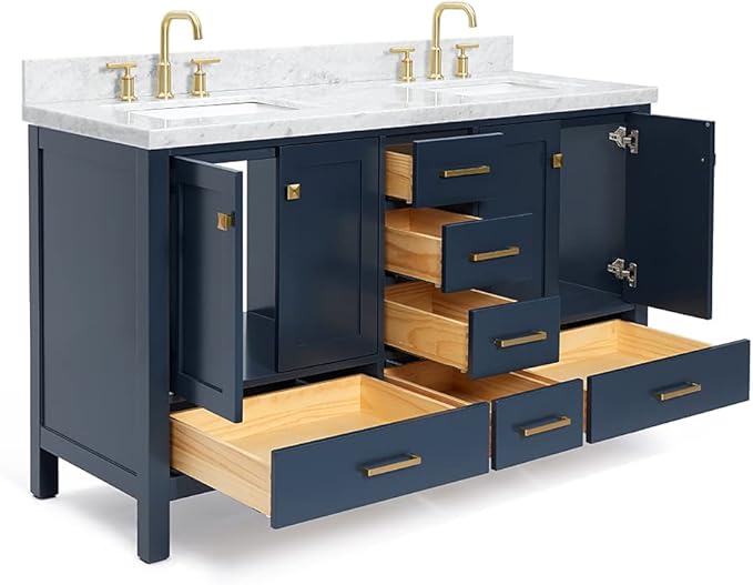 ARIEL Cambridge 60-inch Bathroom Vanity with Sink,Solid Wood, 1.5-inch Italian Carrara Marble Countertop, Double Rectangular Porcelain Sink, 4 Soft Closing Doors, 6 Dovetail Drawers, Midnight Blue