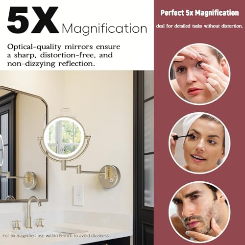 8" Rechargeable Brass Wall Mounted Magnifying Mirror with Lights, 1X/5X Cordless Double Sided 3-Colors LED Touch Dimmable Extended 360 Rotation Vanity Mirror for Bathroom, Satin Brushed Gold