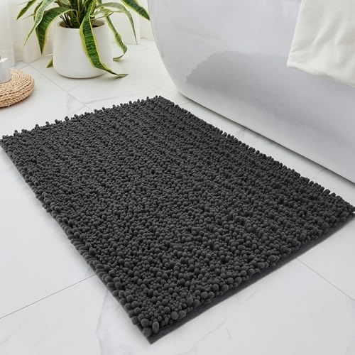 Disolla Dark Grey Bathroom Rug 20x32 Inch - Luxury Chenille Bath Mat, Thick Shaggy Plush Absorbent Rug, Non-Slip Machine Washable Mats for Bathroom Floor & Decor