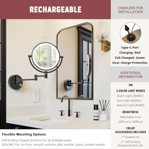 Wall Mounted Makeup Mirror with Lights, Rechargeable, Brass, Matte Black