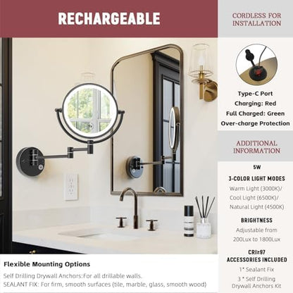 Wall Mounted Makeup Mirror with Lights, Rechargeable, Brass, Matte Black