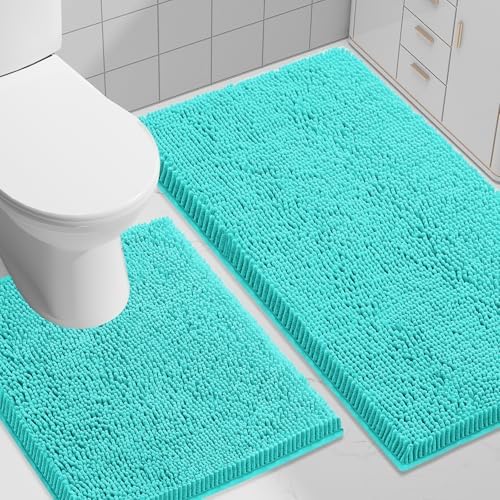 Smiry Chenille Bathroom Rugs Sets 2 Piece (30x20+ U Shape 24x20, Turquoise)
