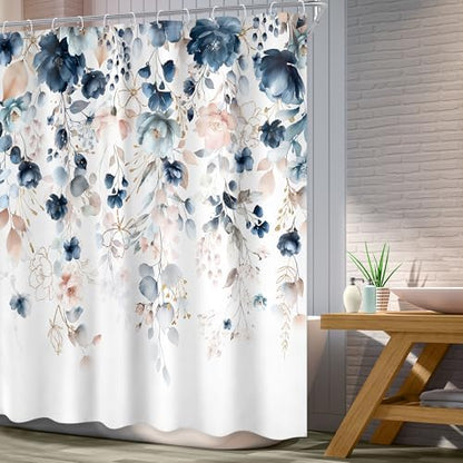 Blue Pink Floral Watercolor Wildflower Rustic Bathroom Shower Curtain Set