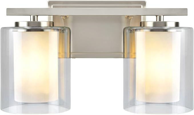 Aspen Creative 62102A, Two-Light Metal Bathroom Vanity Wall Light Fixture, 13 1/2" Wide, Transitional Design in Satin Nickel with Clear Glass Shade