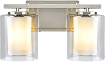 Aspen Creative 62102A, Two-Light Metal Bathroom Vanity Wall Light Fixture, 13 1/2" Wide, Transitional Design in Satin Nickel with Clear Glass Shade
