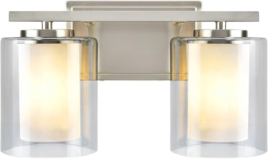 Aspen Creative 62102A, Two-Light Metal Bathroom Vanity Wall Light Fixture, 13 1/2" Wide, Transitional Design in Satin Nickel with Clear Glass Shade