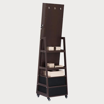 Standing Jewelry Cabinet with Lockable,Full Length Mirror with Storage | Large Capacity Jewelry Organizer Armoire Floor Mirror with Back Storage Shelves for Bedroom Brown