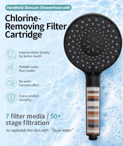 SR SUN RISE Filtered Shower Head with Handheld High Pressure 9 Spray Mode Showerhead Detachable Shower Head Water Softener Filters Beads for Hard Water Remove Chlorine 1 Filter 1.8GPM Matte Black