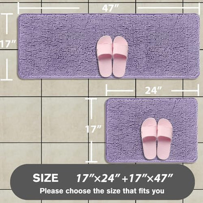 Bathroom Rugs Sets 2 Piece – Absorbent and Washable Bath Mat, Non-Slip, Thick Soft Chenille Bath Rugs for Bathroom Floor, Shower, Sink(17" x 24"+17" x 47", Lavender)