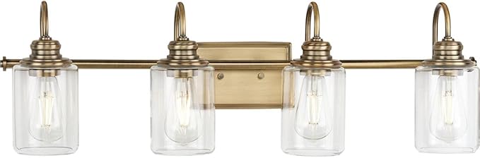 Progress Lighting Aiken Collection 4-Light Vintage Brass Clear Glass Vintage Bath Vanity Light