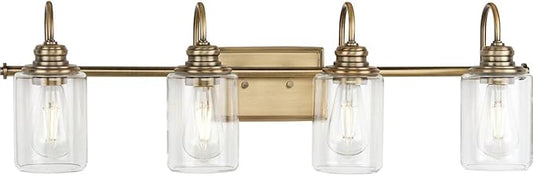 Progress Lighting Aiken Collection 4-Light Vintage Brass Clear Glass Vintage Bath Vanity Light