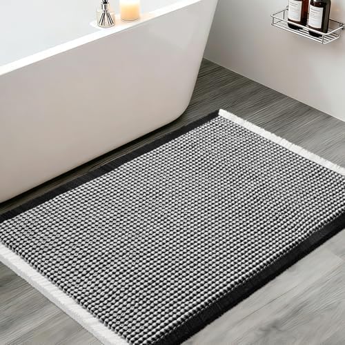 Upgraded Waffle Bath Mat, 36"x24" Black & White, Super Absorbent Non-Slip Quick Dry Bathroom Rugs with Tassels, Machine Washable Ultra Soft Boho Bath Rugs for Floor, Toilet Mats Boho Farmhouse Decor