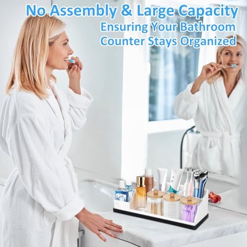 Bathroom Organizer Countertop, White Silicone Toothbrush Holders for Bathrooms with 3PCS Qtip Holder Dispenser, Toothbrush and Toothpaste Holder for Bathroom Counter Organization Storage Vanity