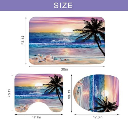 4Pcs Ocean Sunrise Beach Tropical Bathroom Shower Curtain Set with Rugs