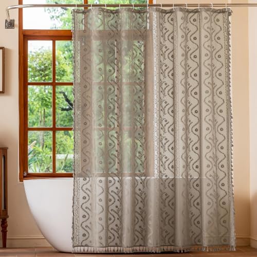 WAZZIO Taupe Lace Shower Curtain for Bathroom 72" W x 72" L, Victorian Farmhouse Floral Pattern Tassel Fancy Shower Curtain Boho Washable Cloth Decorative Bath Curtains,1 Panel