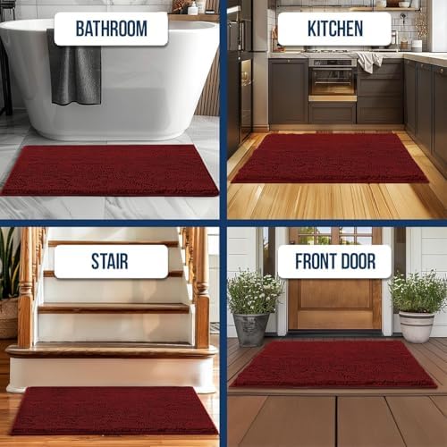 Muddy Mat® | Chenille Bathroom Rugs Quick Dry Microfiber Mats Non Slip Washable, Extra Thick, Soft and Highly Absorbent Bath Mats for Bathroom, Kitchen, and Shower Floor - Red 24"x36"