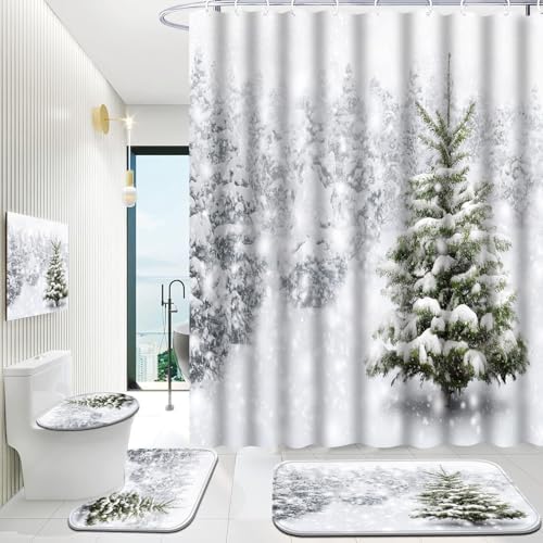 Onalasyc 4-Piece Christmas Shower Curtain Set,Winter Christmas Tree Snowflake Shower Curtains Holiday Bathroom Set with Shower Curtain and Rugs Waterproof Durable Fabric Bathtub Sets Home Decor,White