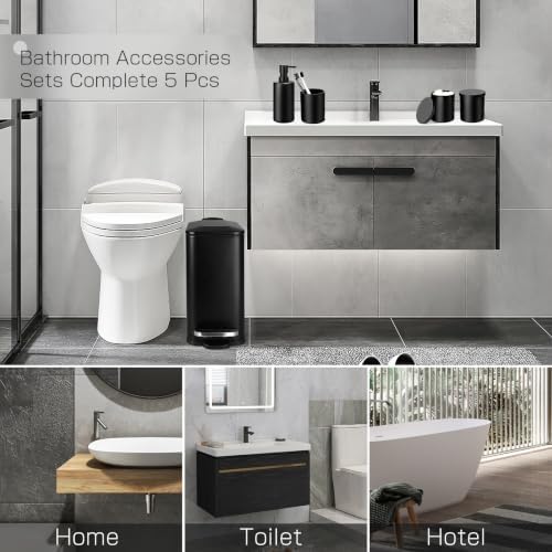 Black Bathroom Accessories Set, 5 Pcs Matte Black Bathroom Accessory Set with Trash Can, Soap Dispenser, Toothbrush Holder, Qtip Holder, Modern Bathroom Sets Complete Decor