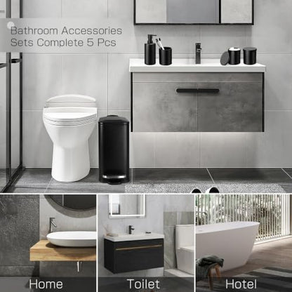 Black Bathroom Accessories Set, 5 Pcs Matte Black Bathroom Accessory Set with Trash Can, Soap Dispenser, Toothbrush Holder, Qtip Holder, Modern Bathroom Sets Complete Decor