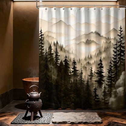 Dark Brown Forest Shower Curtain, 60X72 in, Mountain Pine Tree Bronze